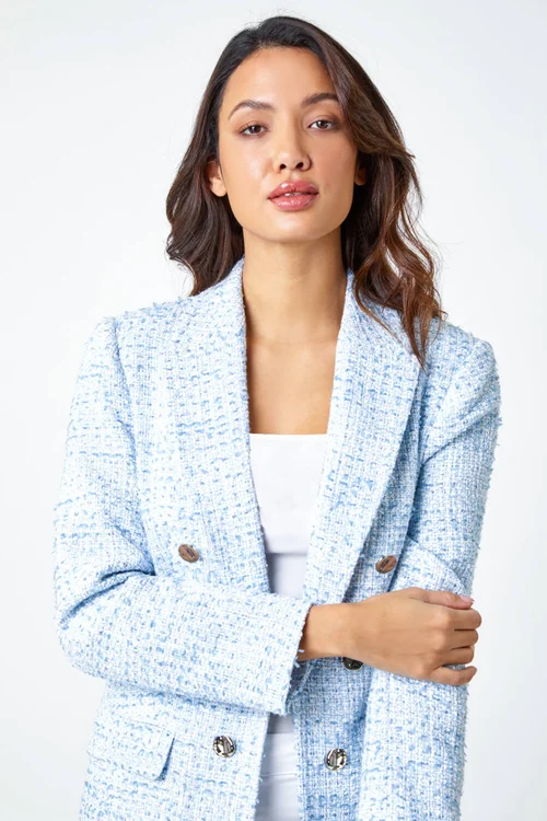 Roman Light Blue Textured Check Boucle Blazer Jacket - 18 Image 1