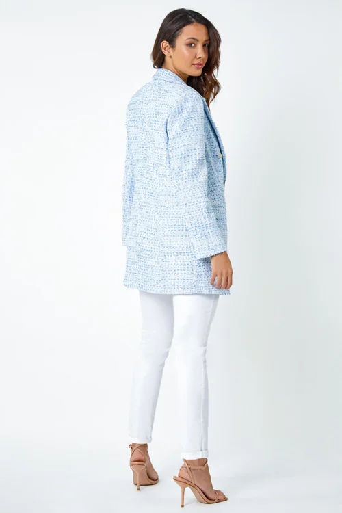 Roman Light Blue Textured Check Boucle Blazer Jacket - 18 Image 3
