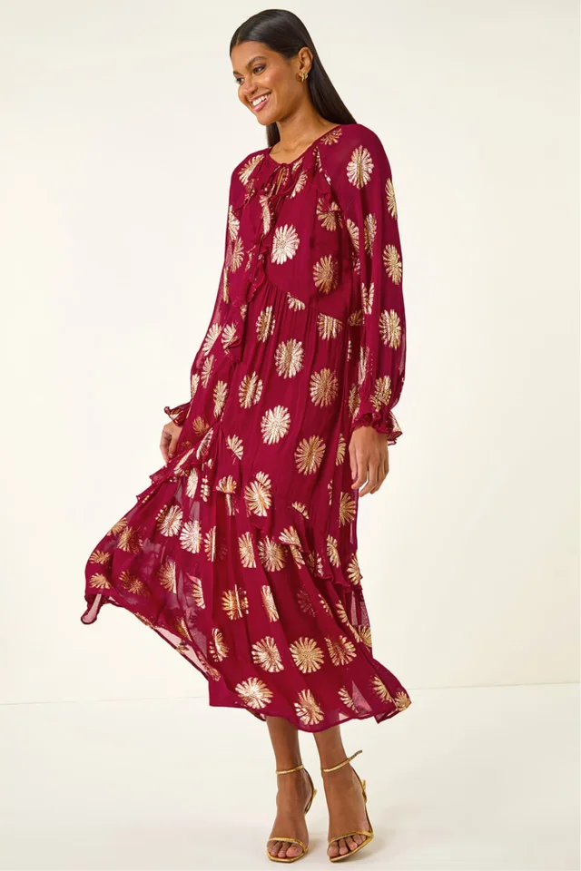 Roman Red Frill Brocade Midi Dress