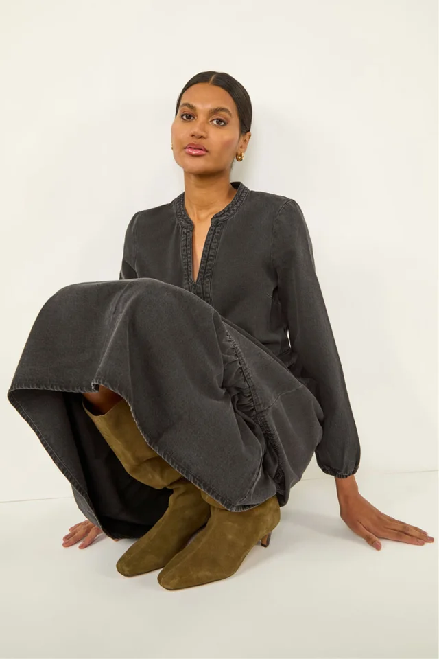 Roman Black Cotton Denim Tiered Midi Dress