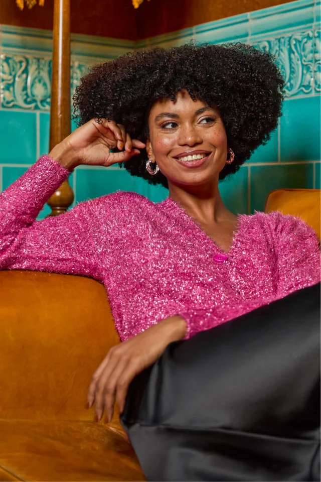 Roman Cerise Buttoned Tinsel Knit Cardigan