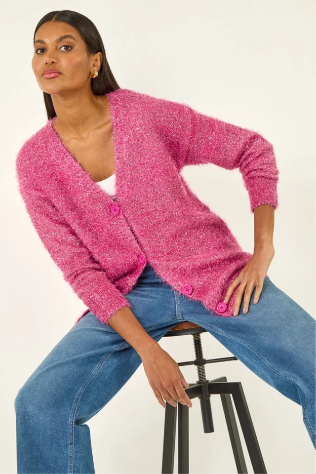 Roman Cerise Buttoned Tinsel Knit Cardigan