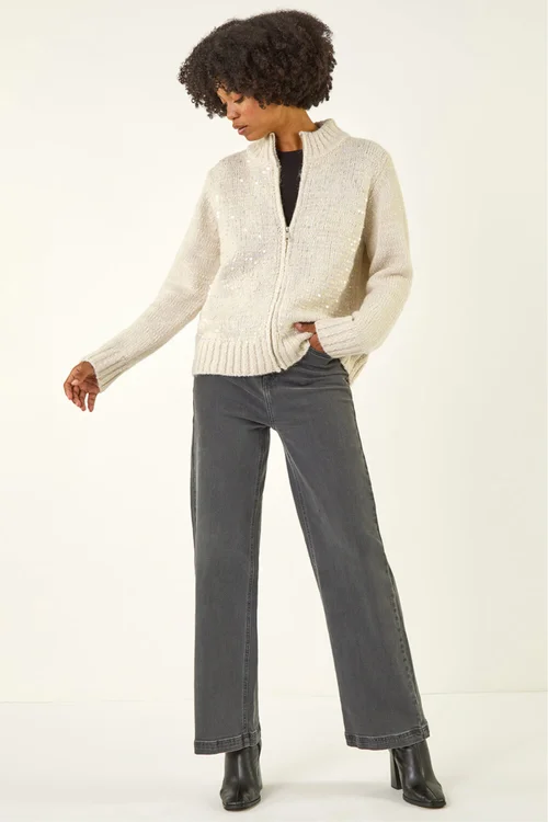 Roman Light Grey Sequin Zip Knit Cardigan - One Size Image 2