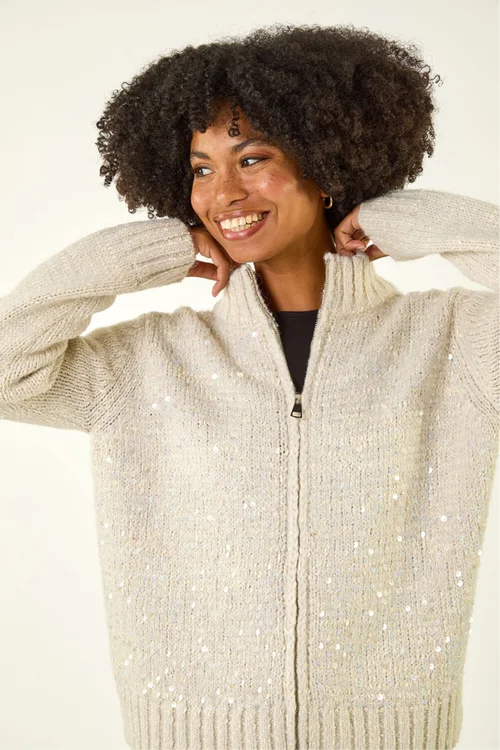 Roman Light Grey Sequin Zip Knit Cardigan - One Size Image 1