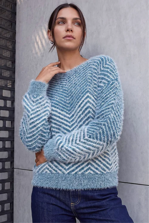 Roman Blue Abstract Stripe Knit Jumper - L Image 2
