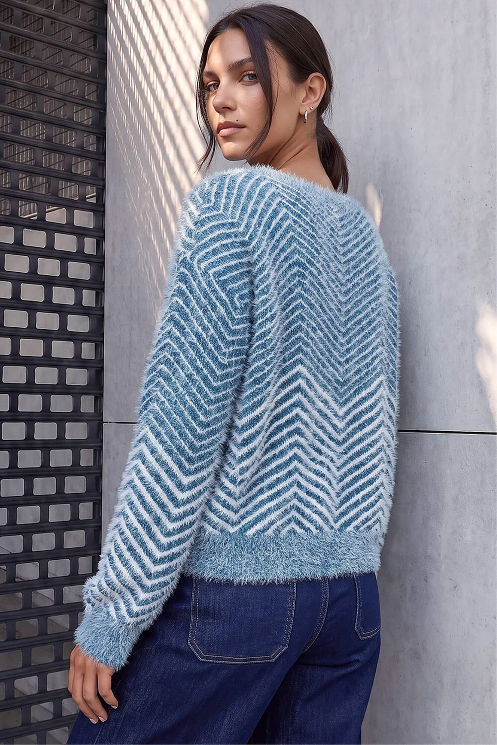Roman Blue Abstract Stripe Knit Jumper - L Image 3