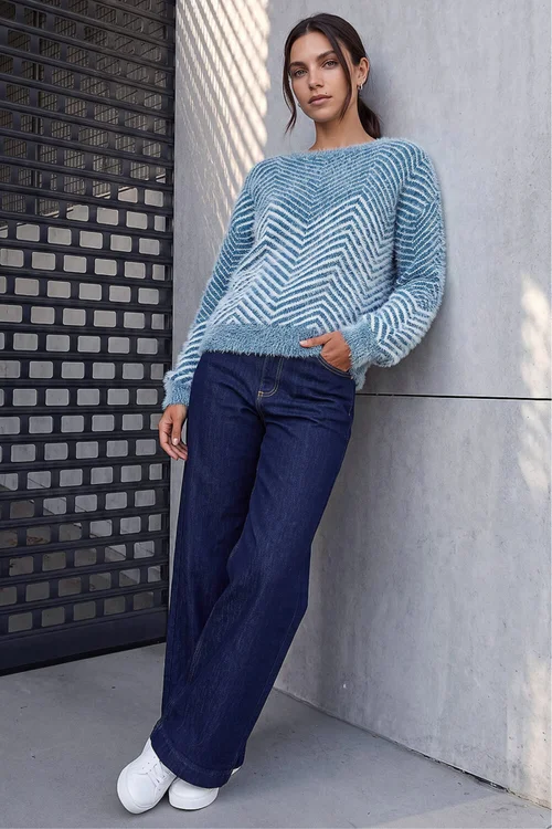 Roman Blue Abstract Stripe Knit Jumper - L Image 1