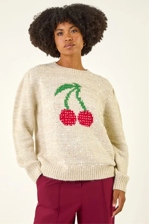 Roman Ivory Sequin Cherry Knit Jumper - One Size Image 4