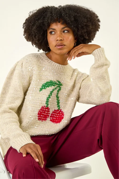 Roman Ivory Sequin Cherry Knit Jumper - One Size Image 1