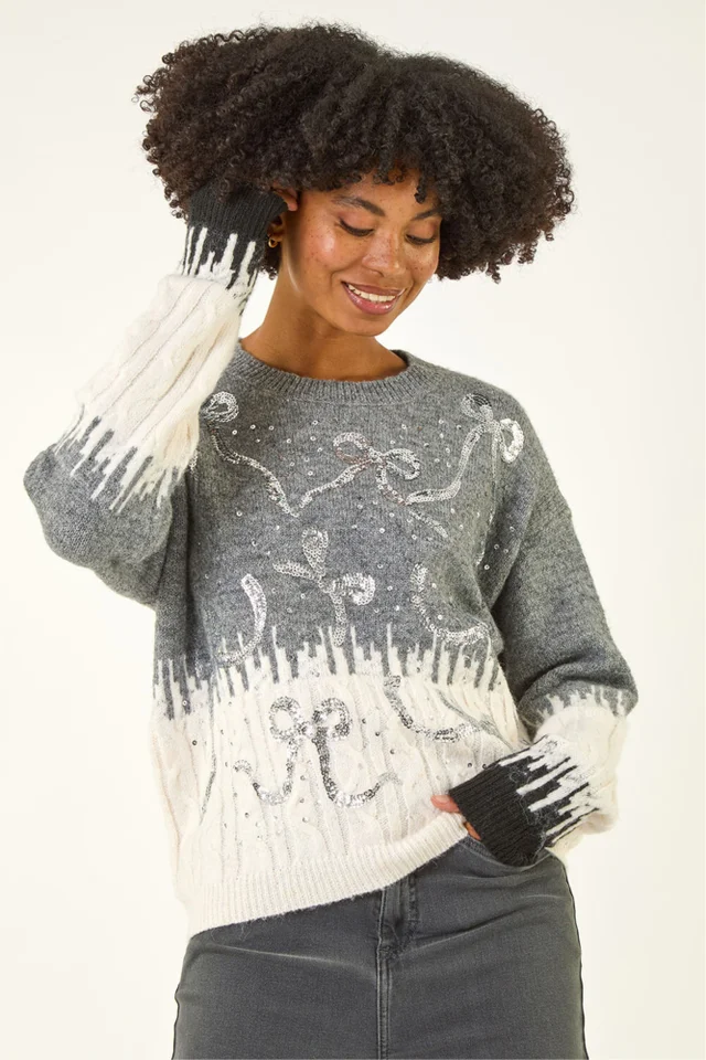Roman Grey Jacquard Bow Knit Jumper