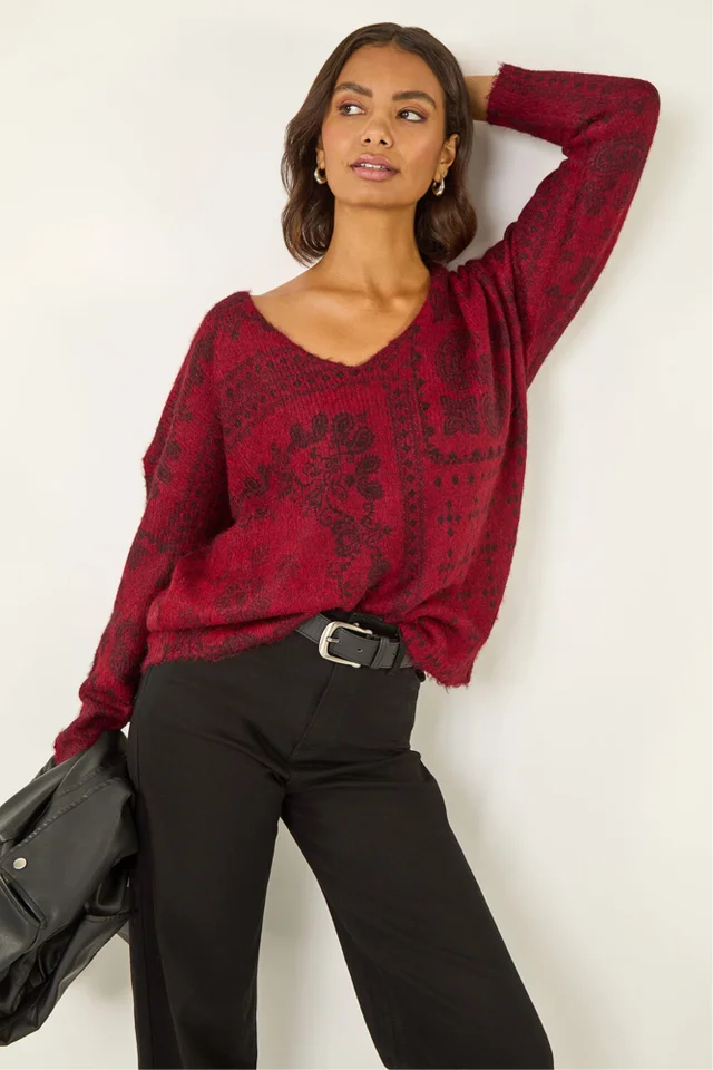 Roman Red Abstract Jacquard V-Neck Jumper