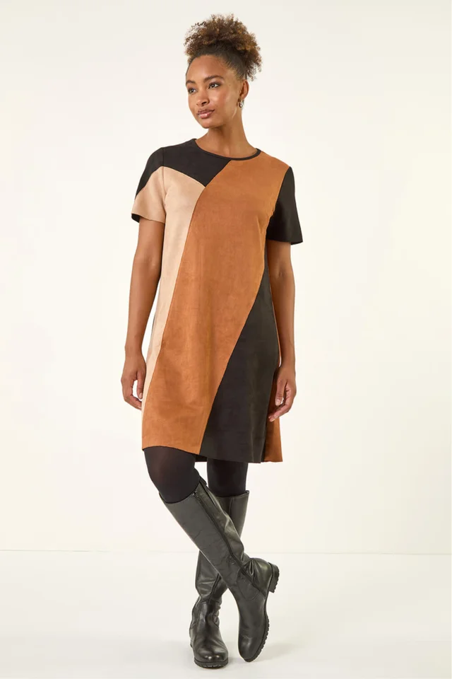 Roman Amber Panelled Faux Suede Shift Stretch Dress