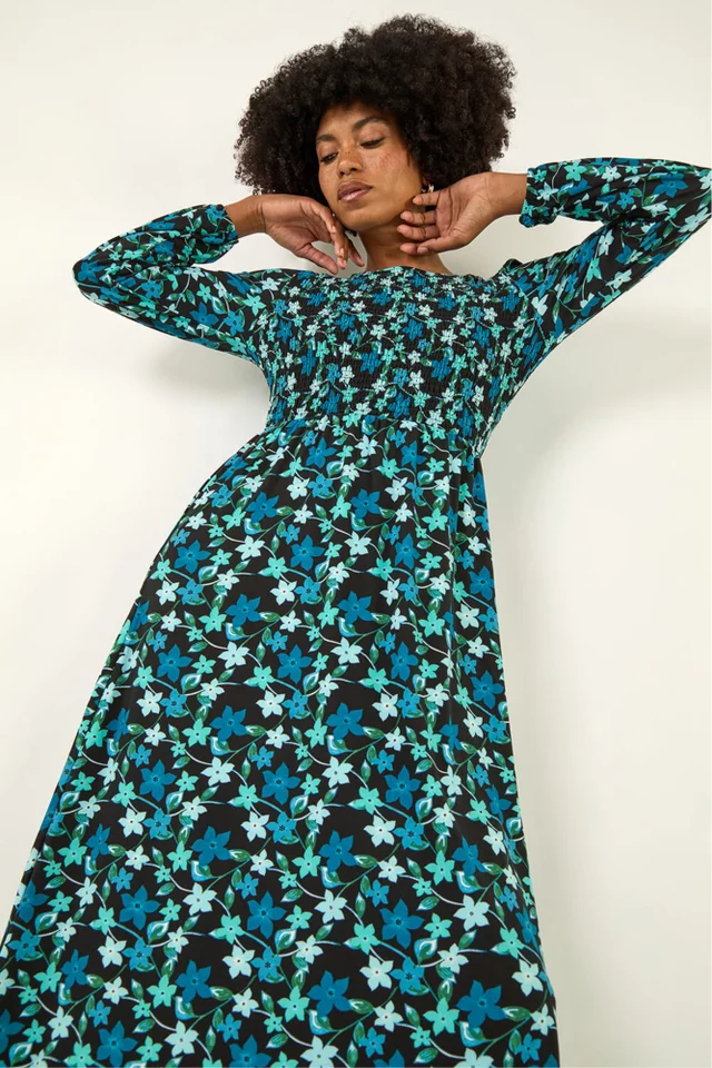 Roman Teal Floral Print Shirred Stretch Midi Dress