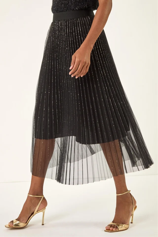 Roman Black Shimmer Mesh Pleated Skirt
