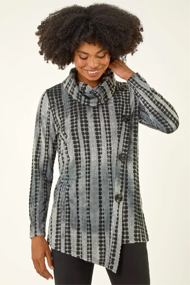 Roman Grey Cowl Neck Buttoned Top