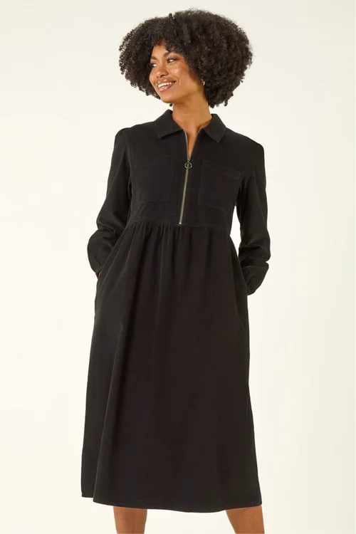 Roman Black Corduroy Zip Detail Midi Dress - 18 Image 2