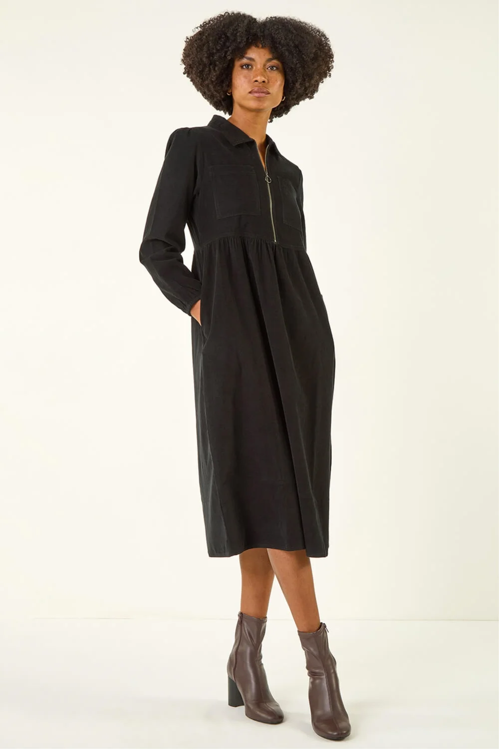 Roman Black Corduroy Zip Detail Midi Dress - 18 Image 1