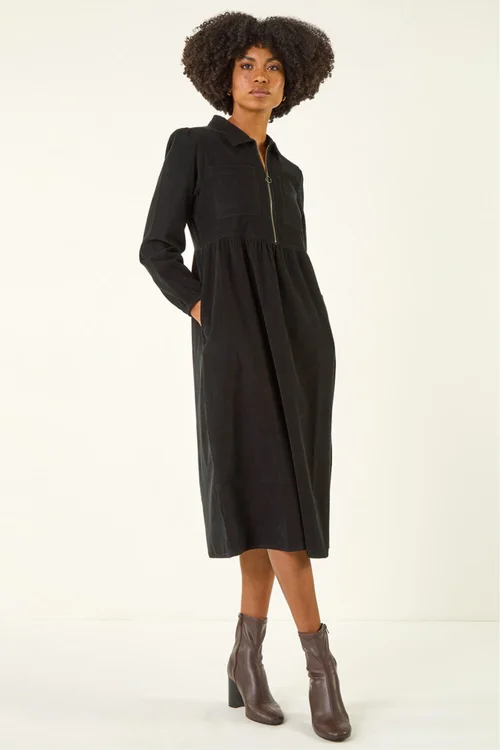 Roman Black Corduroy Zip Detail Midi Dress - 18 Image 1