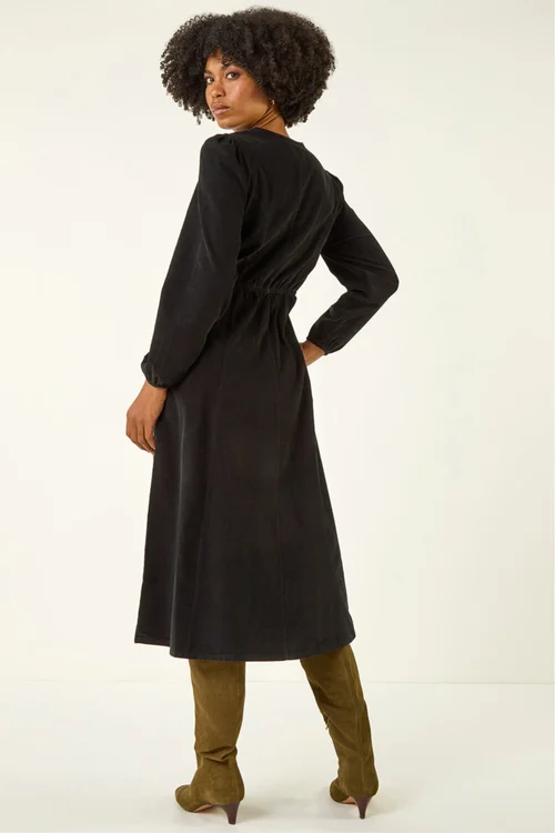 Roman Black Corduroy Button Through Midi Dress - 10 Image 3