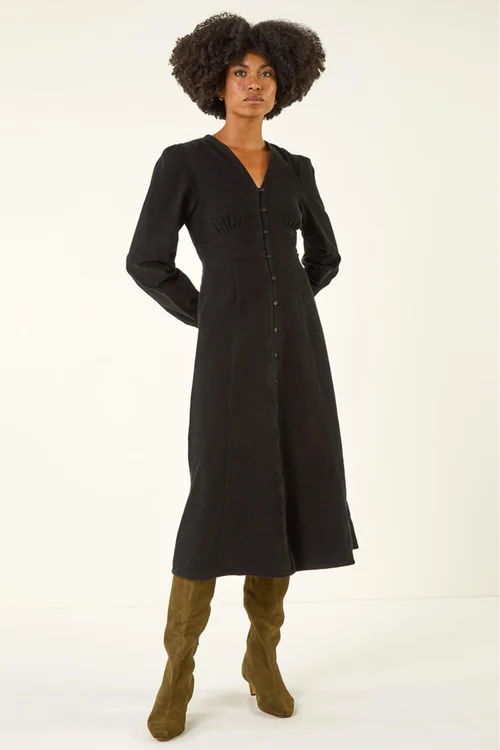 Roman Black Corduroy Button Through Midi Dress - 10 Image 2