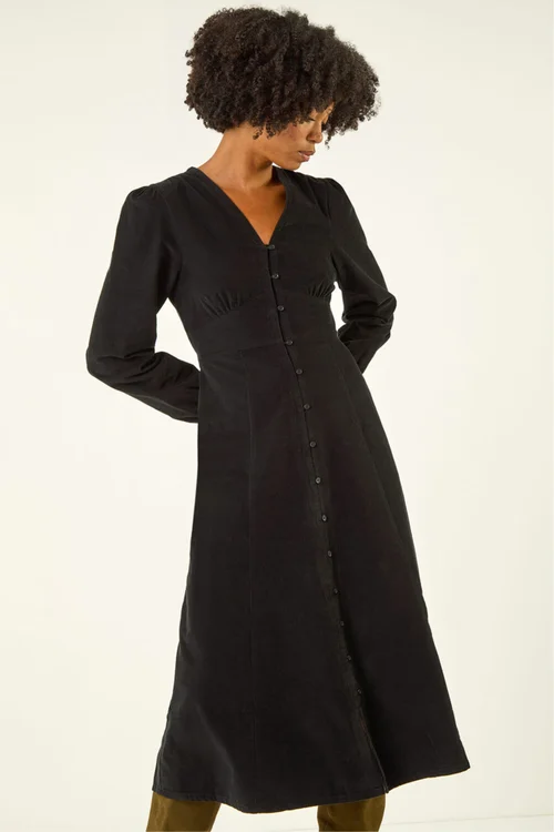 Roman Black Corduroy Button Through Midi Dress - 10 Image 4
