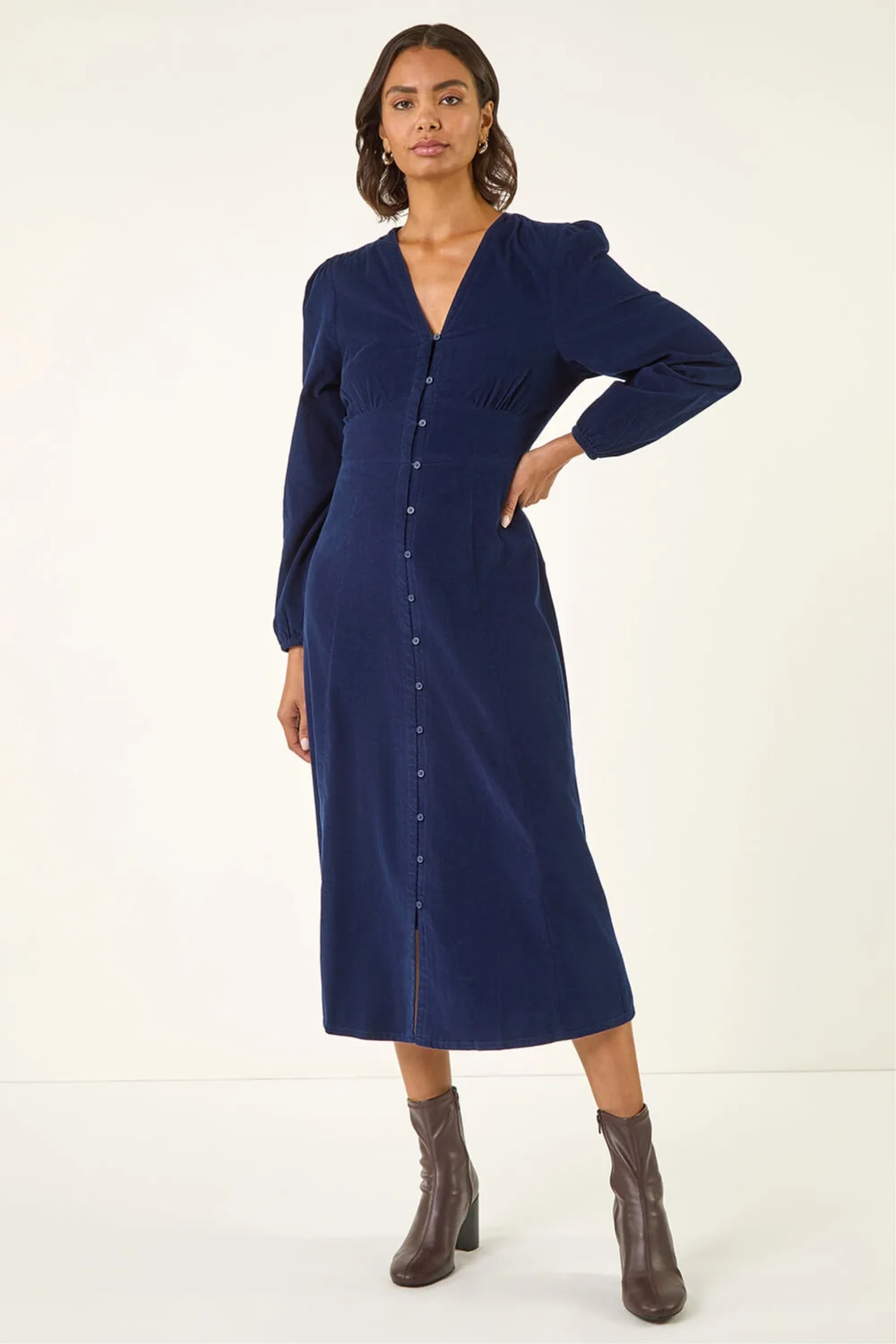 Roman Navy Corduroy Button Through Midi Dress - 18 Image 2