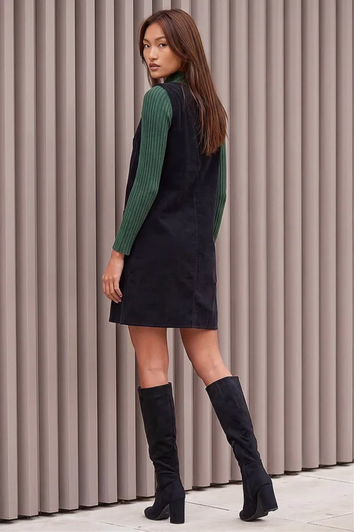 Roman Black Cotton V-Neck Button Pocket Dress - 14 Image 3