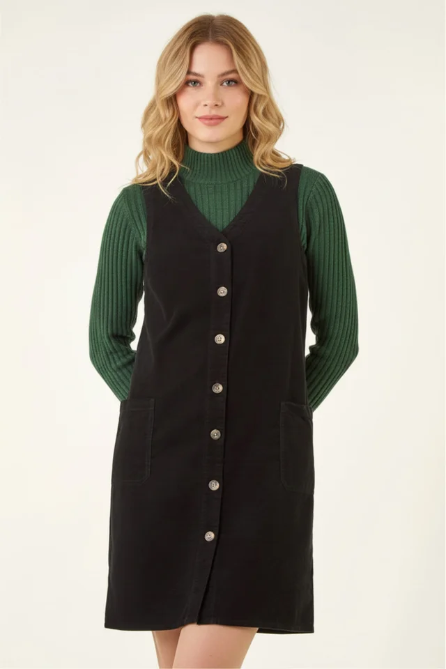 Roman Black Cotton V-Neck Button Pocket Dress