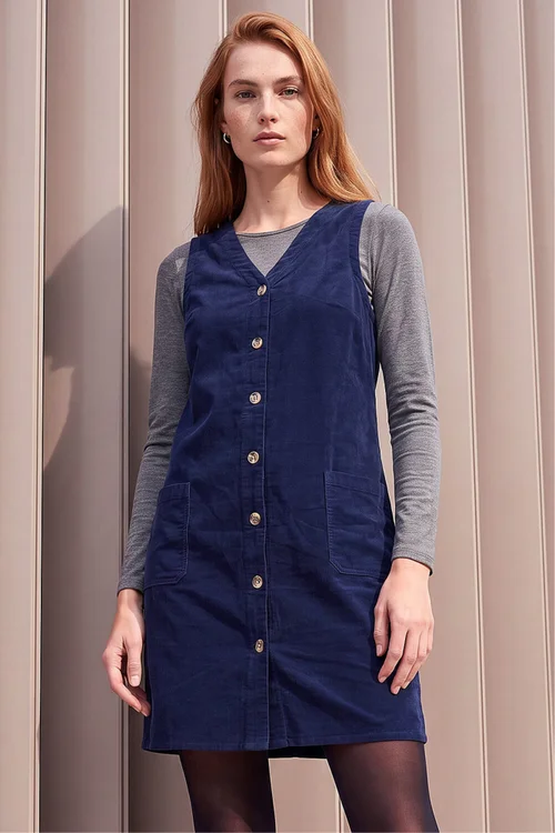 Roman Navy Cotton V-Neck Button Pocket Dress - 12 Image 2