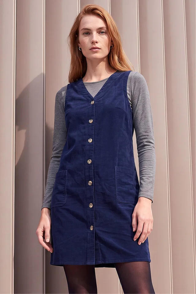 Roman Navy Cotton V-Neck Button Pocket Dress