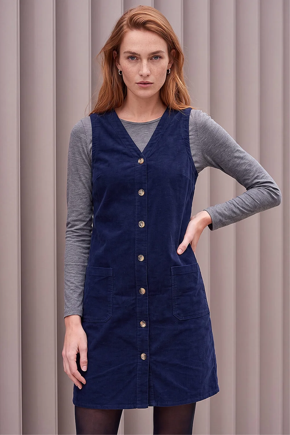 Roman Navy Cotton V-Neck Button Pocket Dress - 12 Image 1