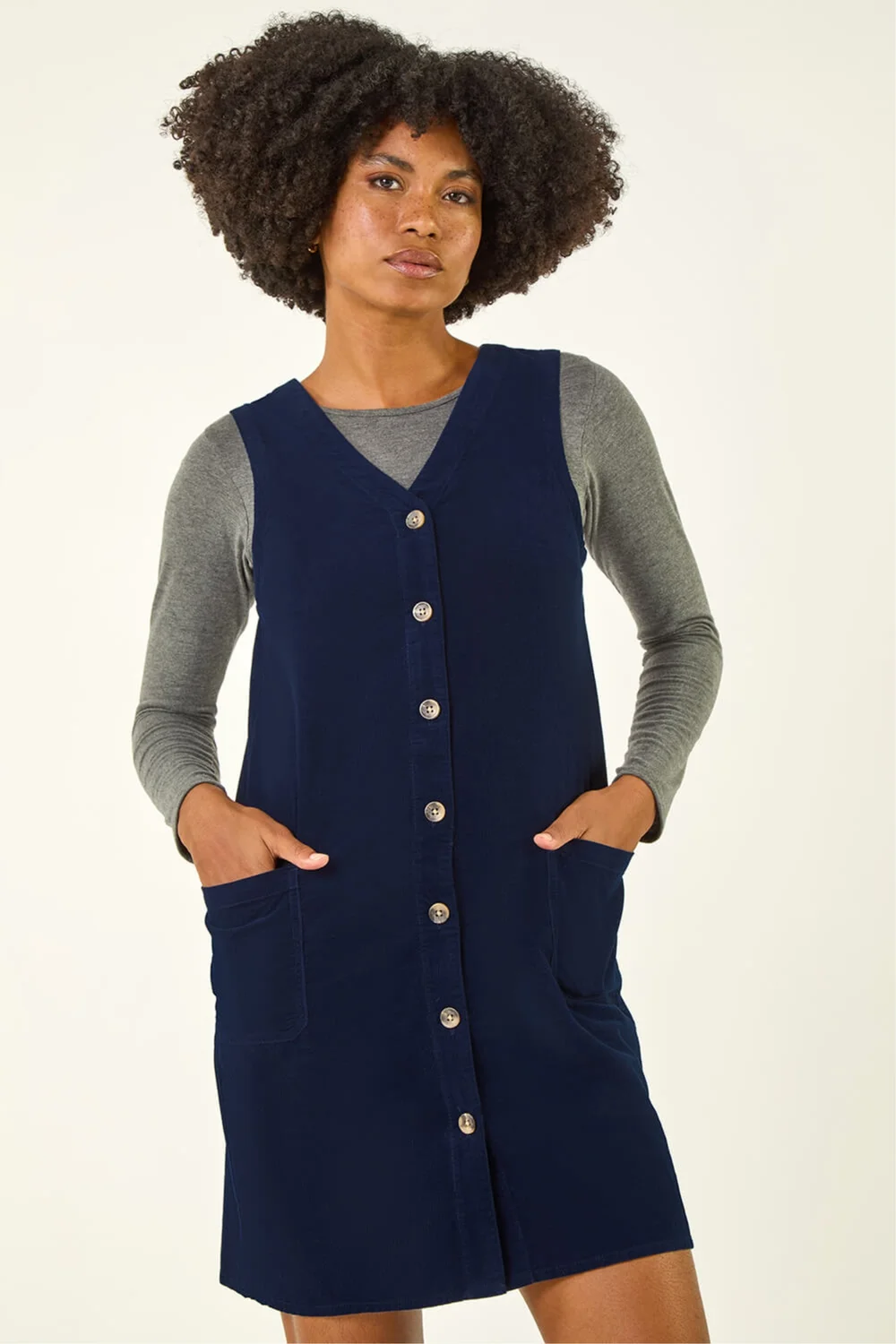 Roman Navy Cotton V-Neck Button Pocket Dress - 12 Image 1