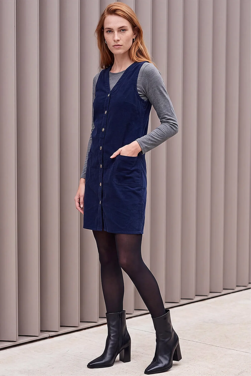 Roman Navy Cotton V-Neck Button Pocket Dress - 12 Image 3
