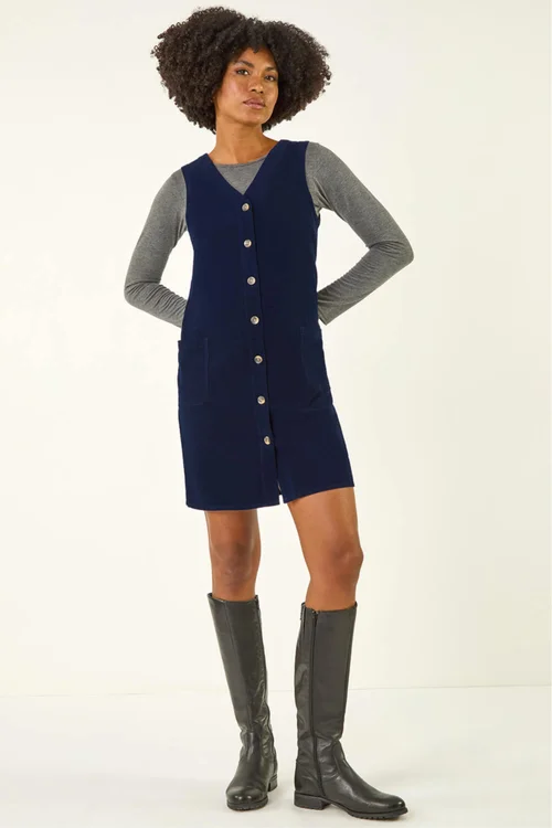 Roman Navy Cotton V-Neck Button Pocket Dress - 12 Image 2