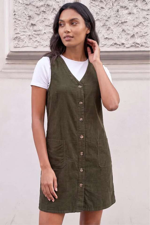 Roman Khaki Cotton V-Neck Button Pocket Dress