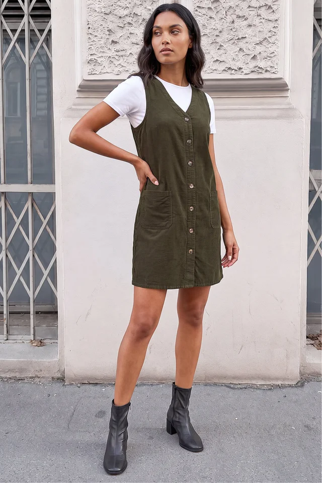 Roman Khaki Cotton V-Neck Button Pocket Dress