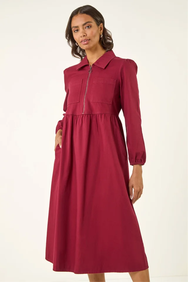 Roman Wine Zip Front Collared Midi Dress