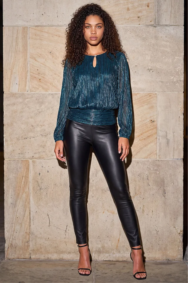 Roman Teal Petite Crinkle Keyhole Shimmer Top