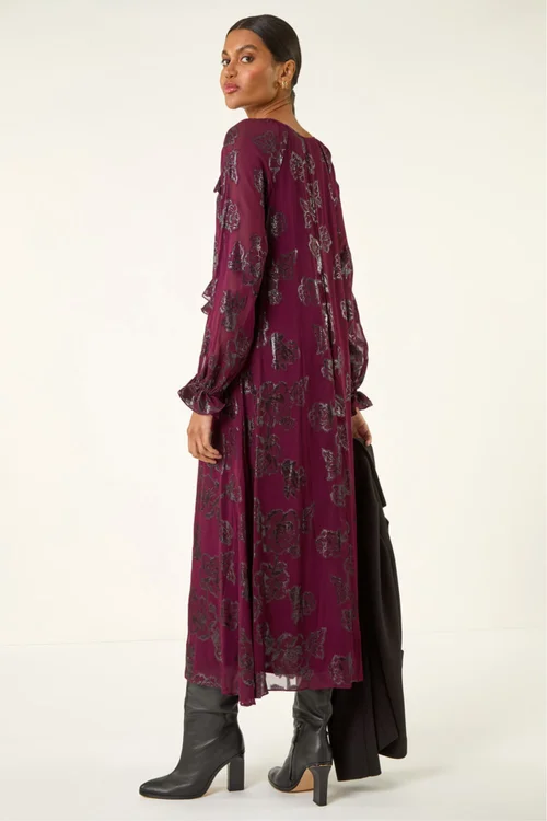 Roman Wine Floral Brocade Frill Midi Dress - 18 Image 3