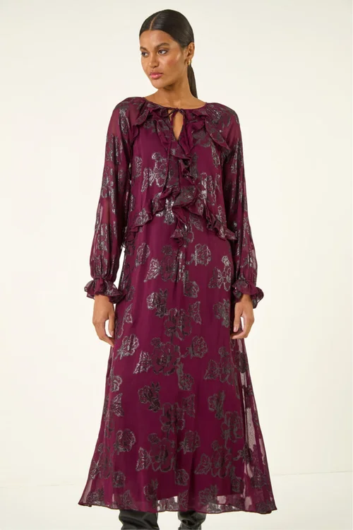Roman Wine Floral Brocade Frill Midi Dress - 18 Image 4