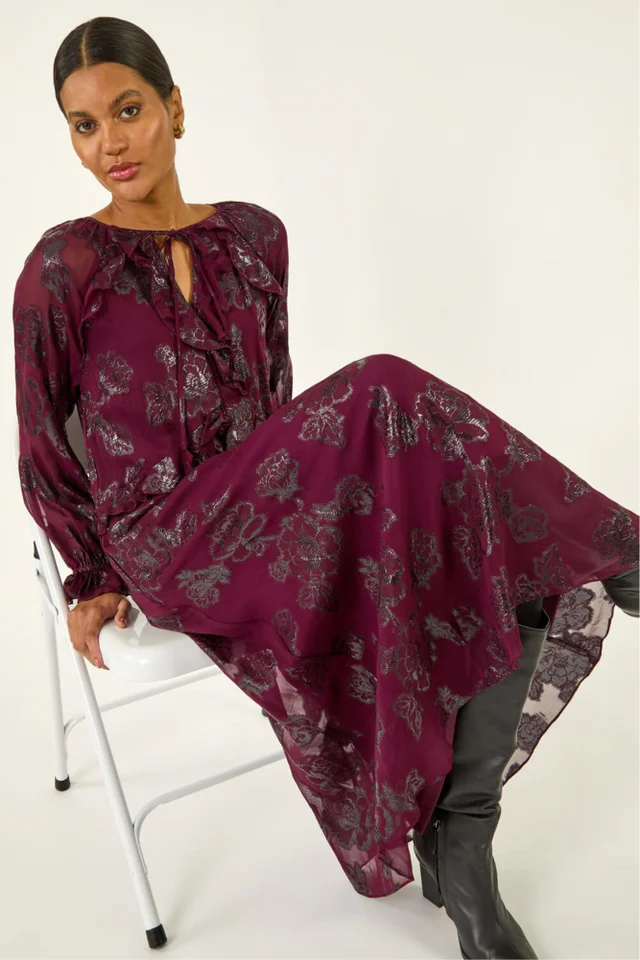 Roman Wine Floral Brocade Frill Midi Dress