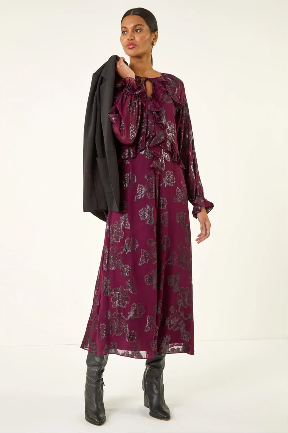 Roman Wine Floral Brocade Frill Midi Dress - 18 Image 2