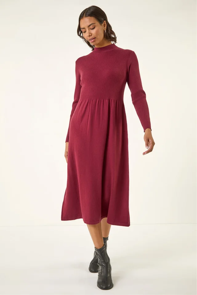 Roman Burgundy Ribbed Knit High Neck Midi Dress
