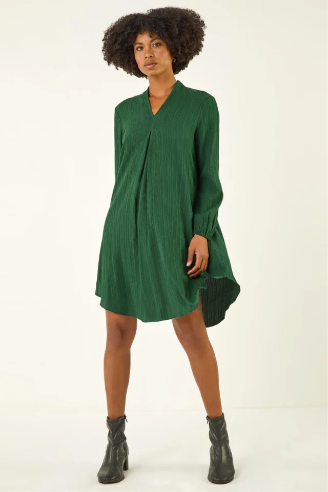 Roman Green Textured V-Neck Swing Dress