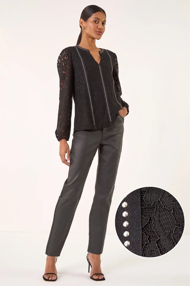 Roman Black Studded Lace Notch Neck Top