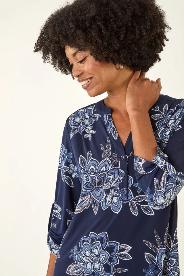 Roman Blue Floral Puff Print Stretch Shirt