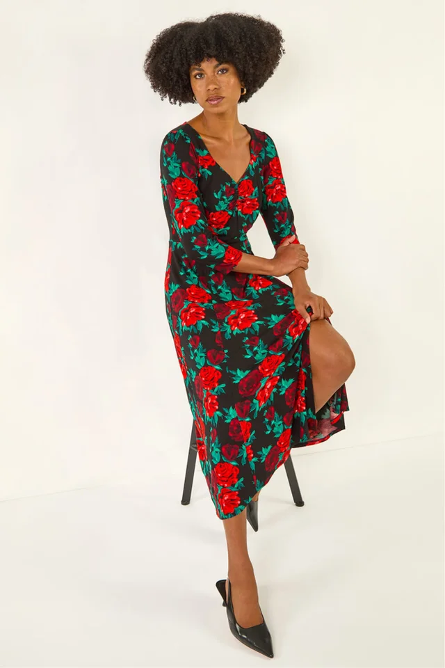 Roman Red Rose Ruched Midi Dress