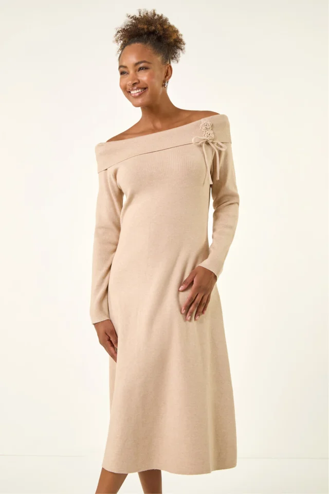 Roman Beige Floral Bardot Knit Midi Dress