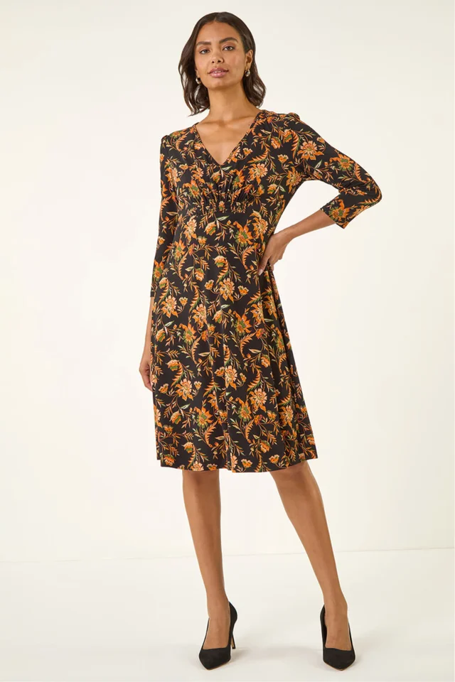 Roman Orange Floral Gathered Stretch Dress