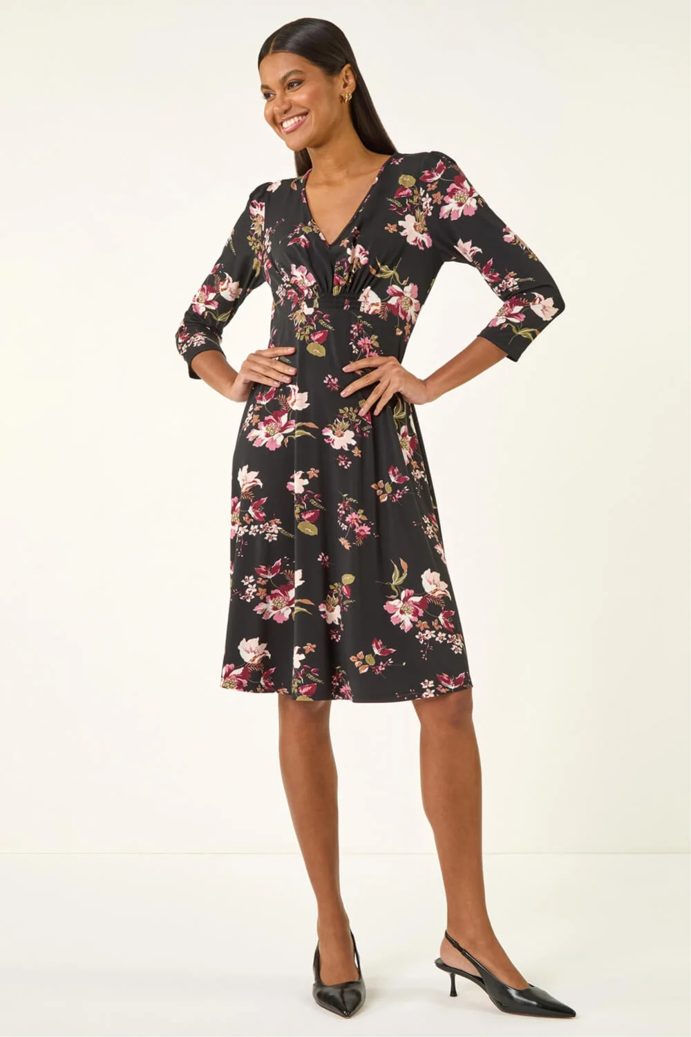 Roman Black Floral Gathered Stretch Dress - Size 14 Image 1